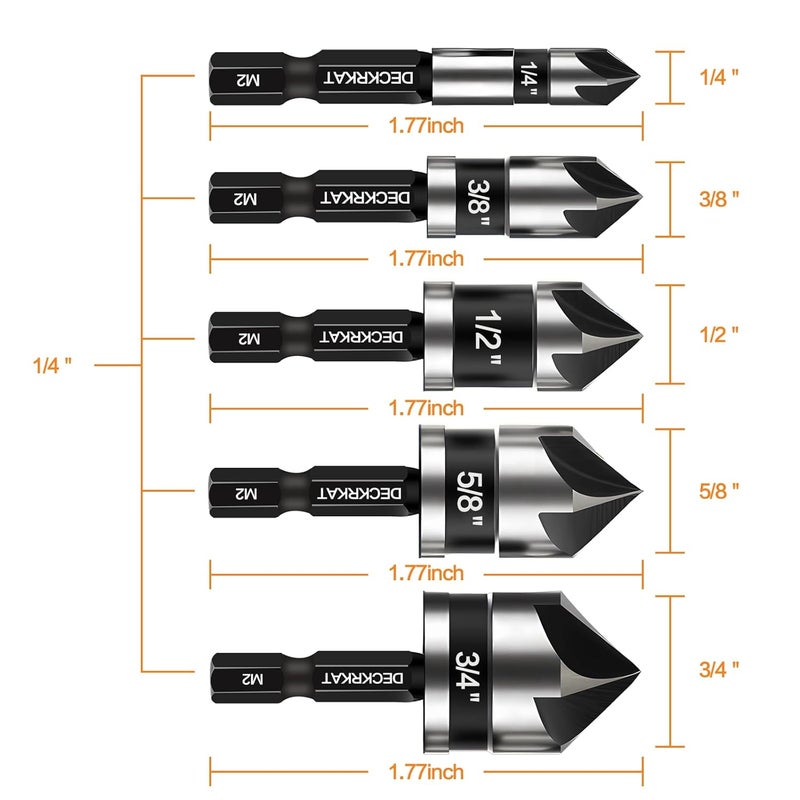 DECKRKAT Store 5 Pcs Countersink Drill Bit Set, Industrial Grade M2 High-Speed Steel, 82 Degree, 5 Flute with 1/4” Quick Change Hex Shank, 1/4" to 3/4" Size for Metal, Wood & Plastic - Includes Durable Case - Image 2